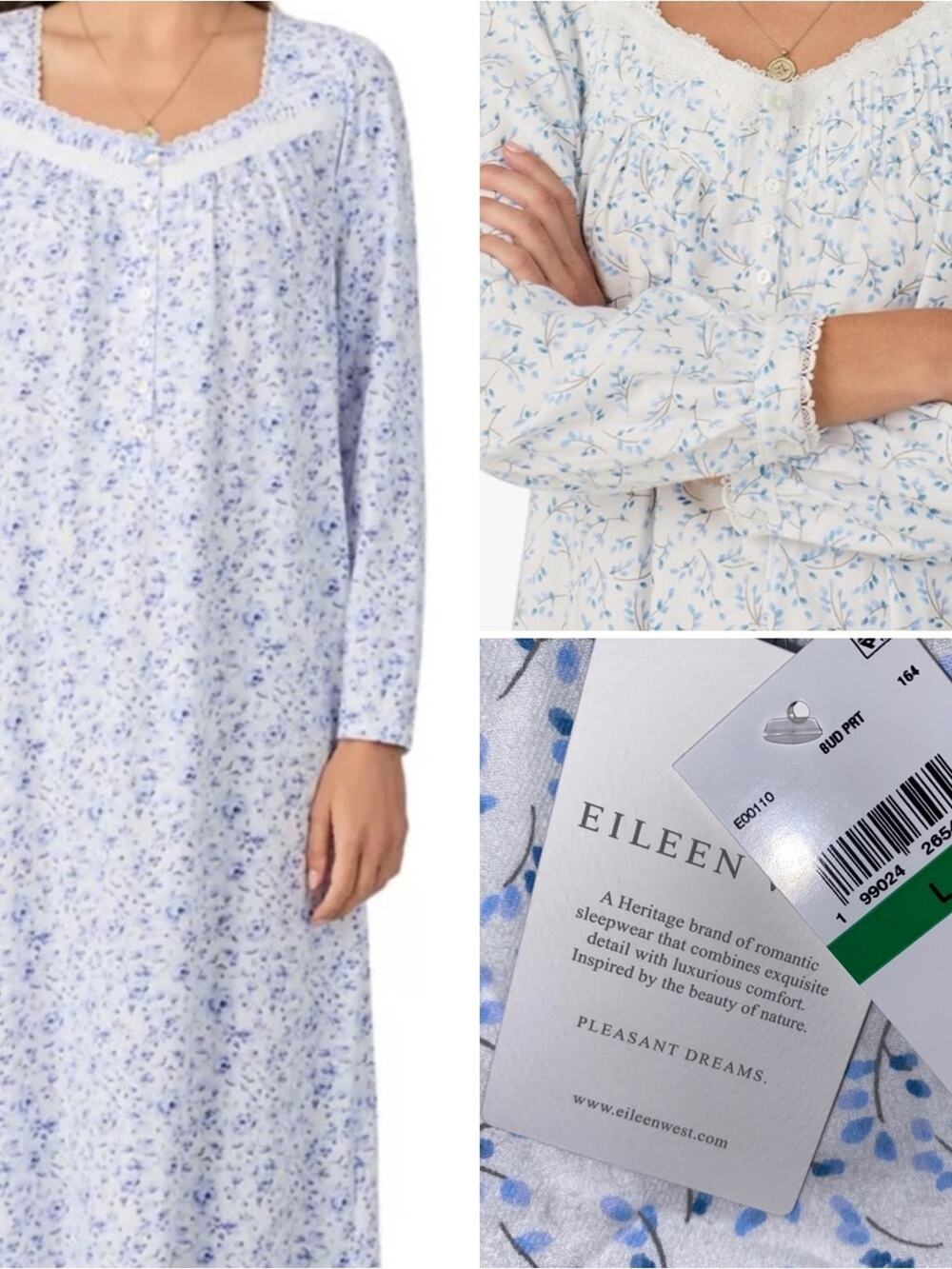 New $89 Eileen West Blue Floral Cotton Womens Flannel Nightgown Large NWT